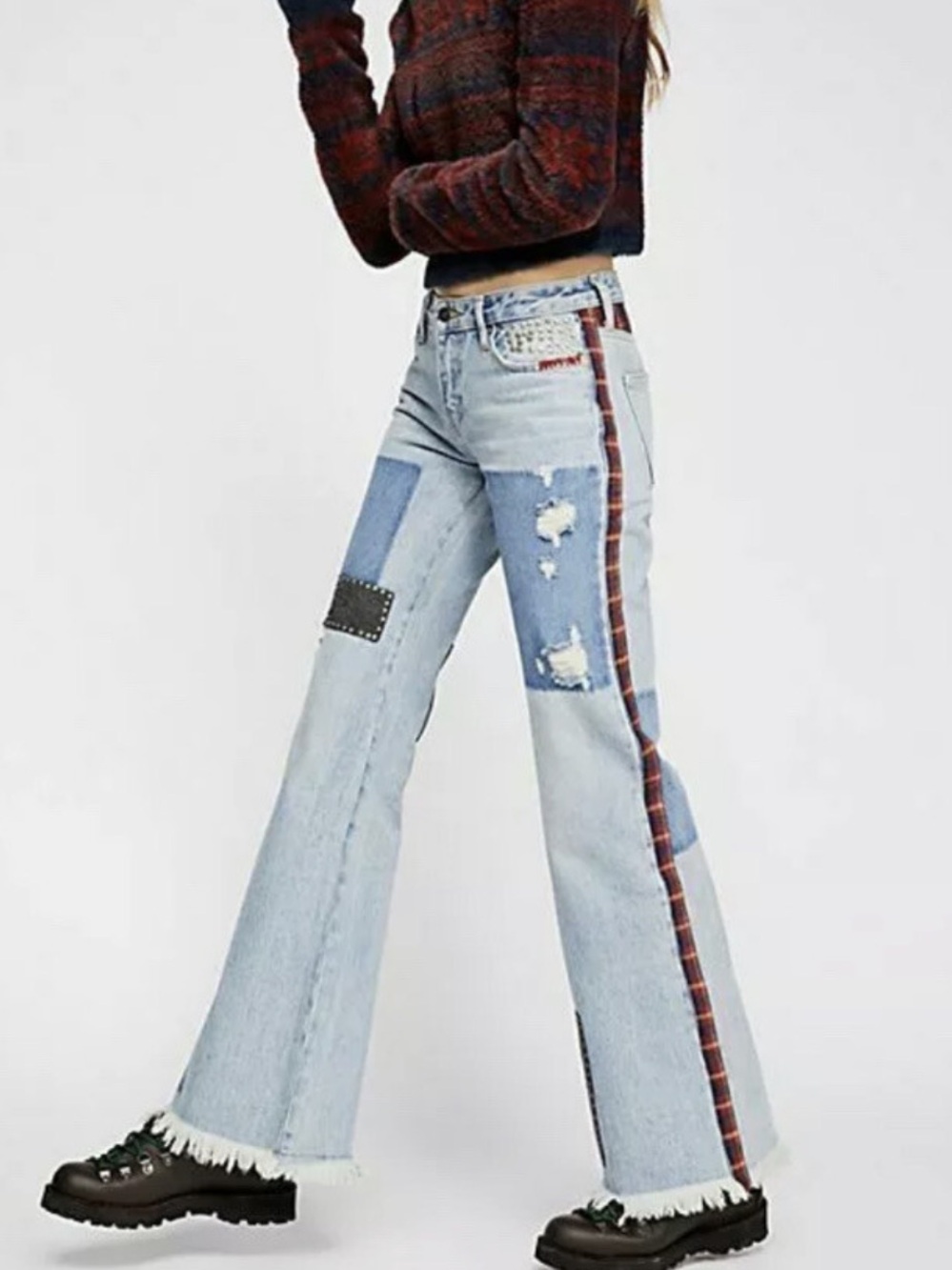 Free People Plaid Mixed Flare Jeans
